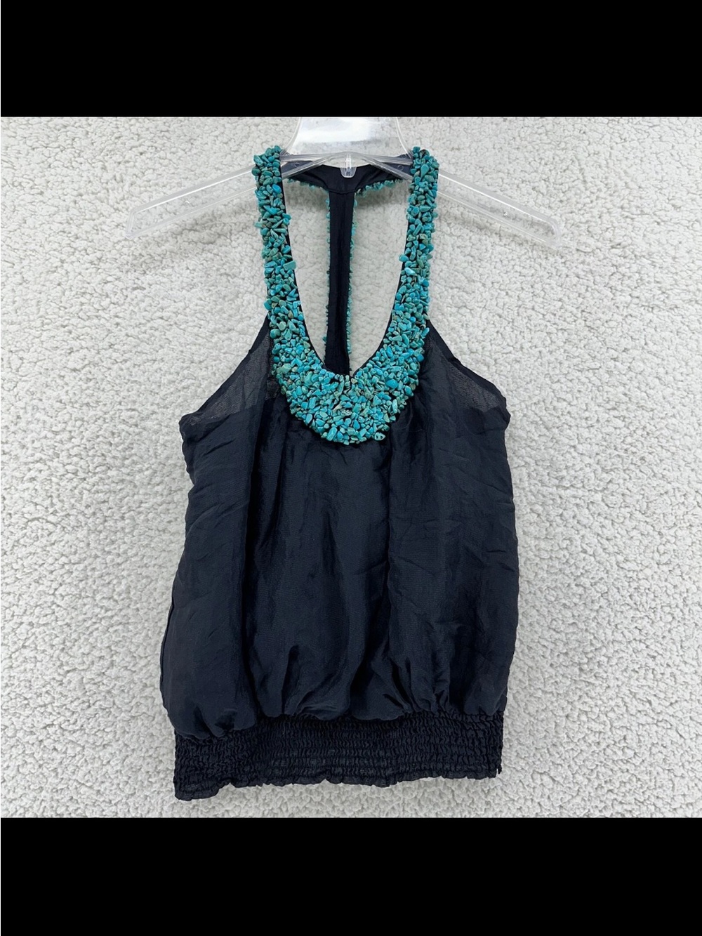bebe Womens S Turqouise Stone Racerback Black 100% Silk Tank Elastic Waist RARE